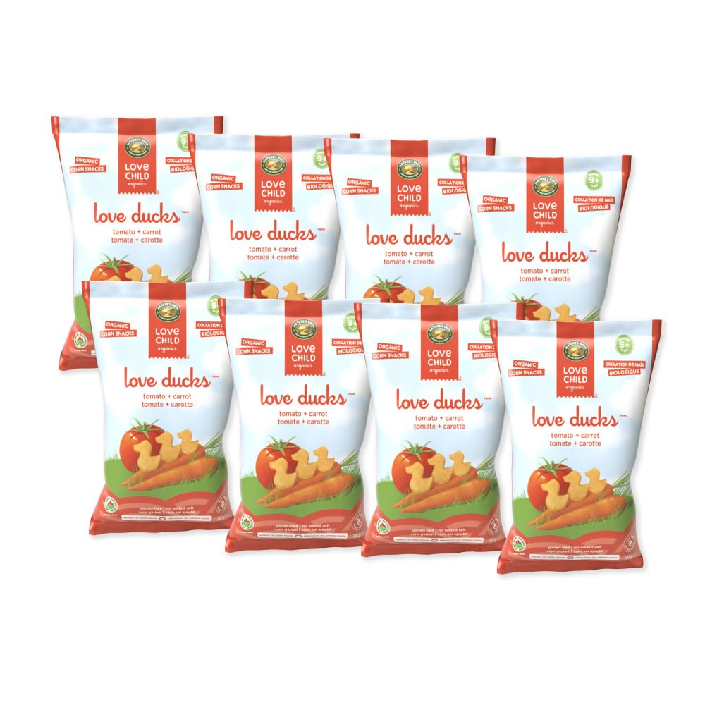 Pack of 8, Love Child Organics Love Ducks Tomato + Carrot Corn Snacks 30g Bag