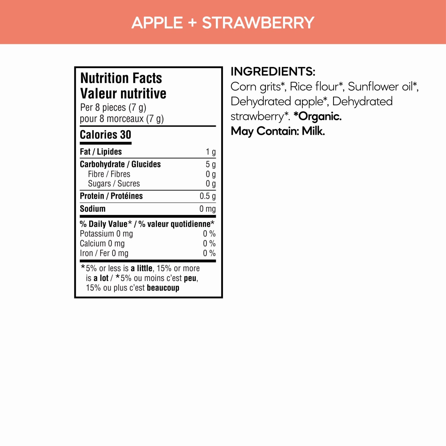 Nutrition facts per serving and ingredient statement for Love Ducks Apple + Strawberry Corn Snacks