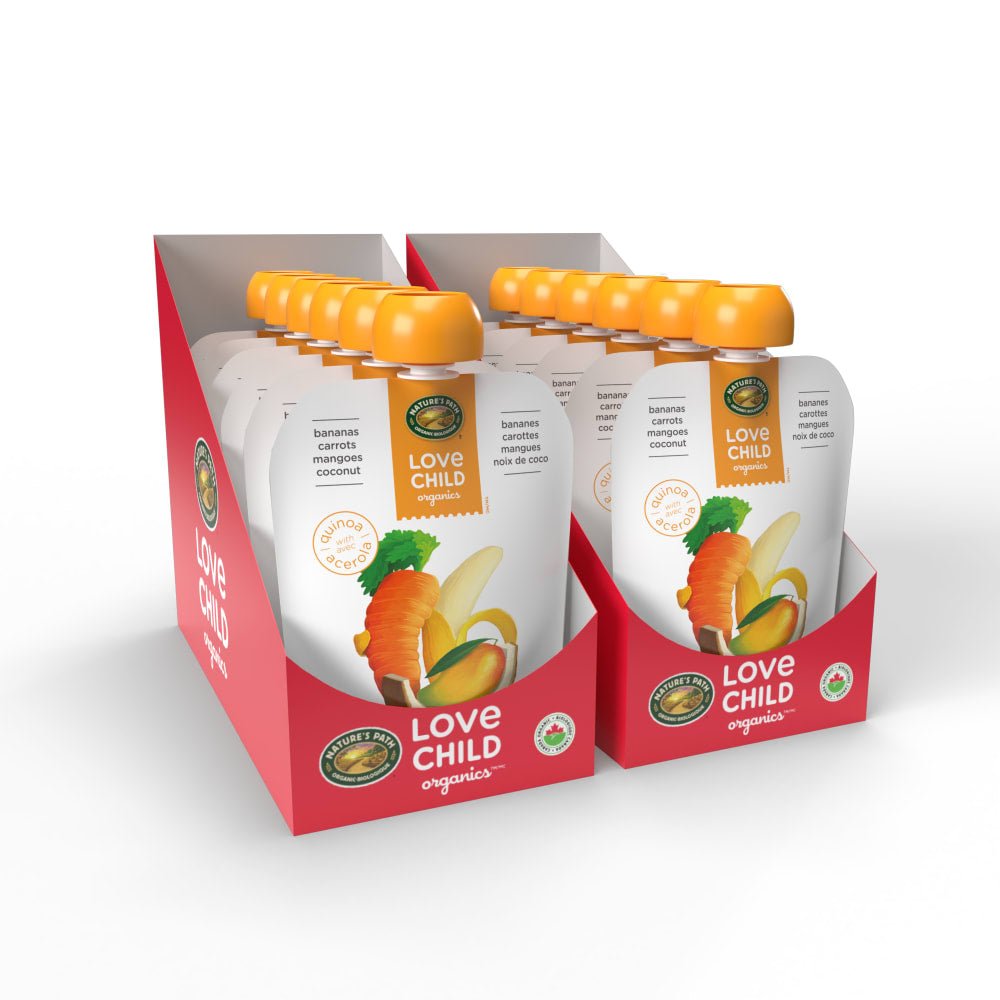 Pack of 12, Love Child Organics Superblends Bananas, Carrots, Mangoes + Coconut Puree 128ml Pouch