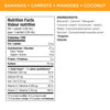 Nutrition facts per serving and ingredient statement for Superblends Bananas, Carrots, Mangoes + Coconut Puree