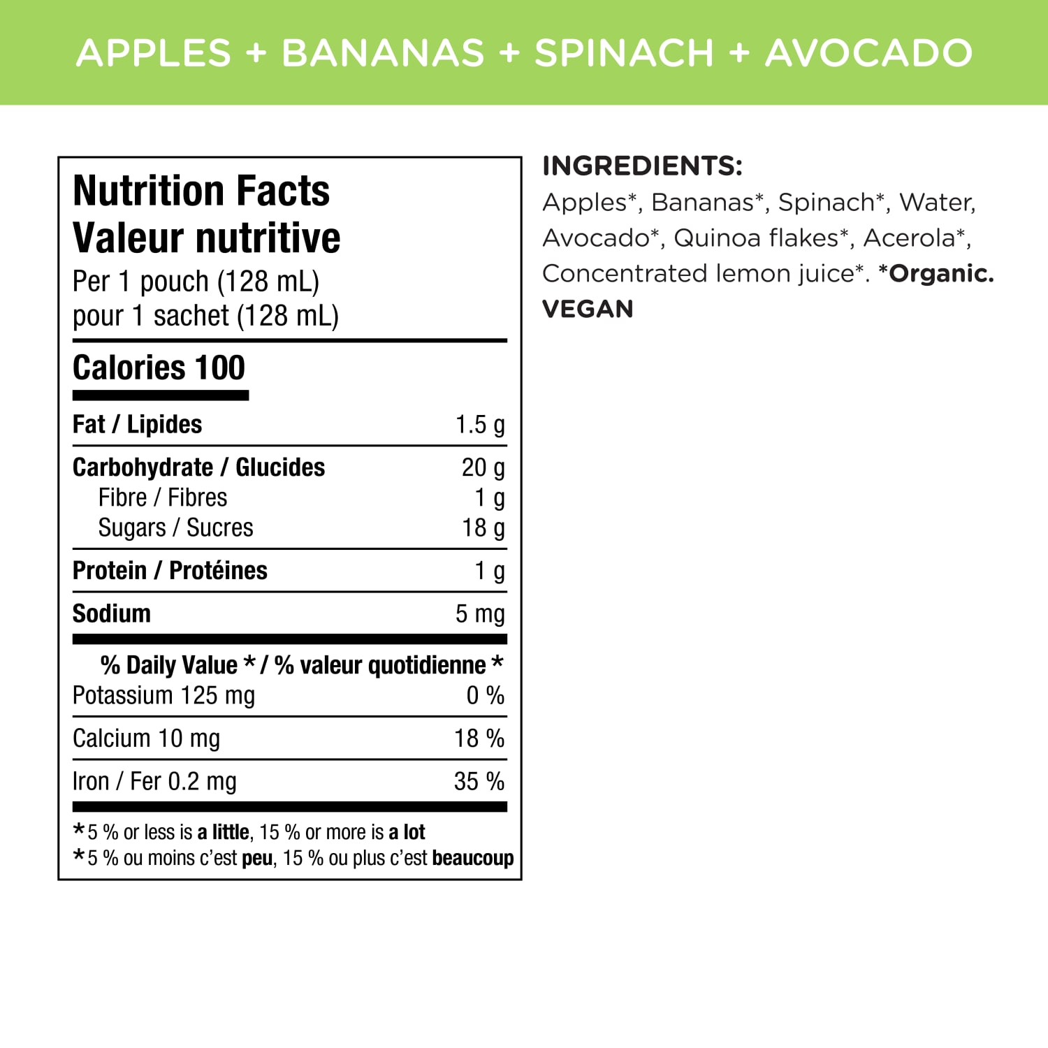 Nutrition facts per serving and ingredient statement for Superblends Apples, Bananas, Spinach + Avocado Puree