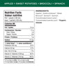 Nutrition facts per serving and ingredient statement for Superblends Apples, Sweet Potatoes, Broccoli + Spinach Puree