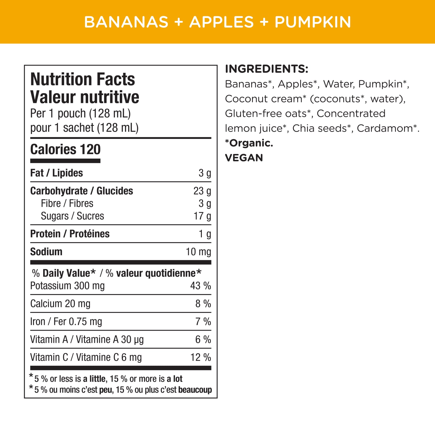 Nutrition facts per serving and ingredient statement for Brekky Blends Bananas, Apples, Pumpkin + Cardamom Puree