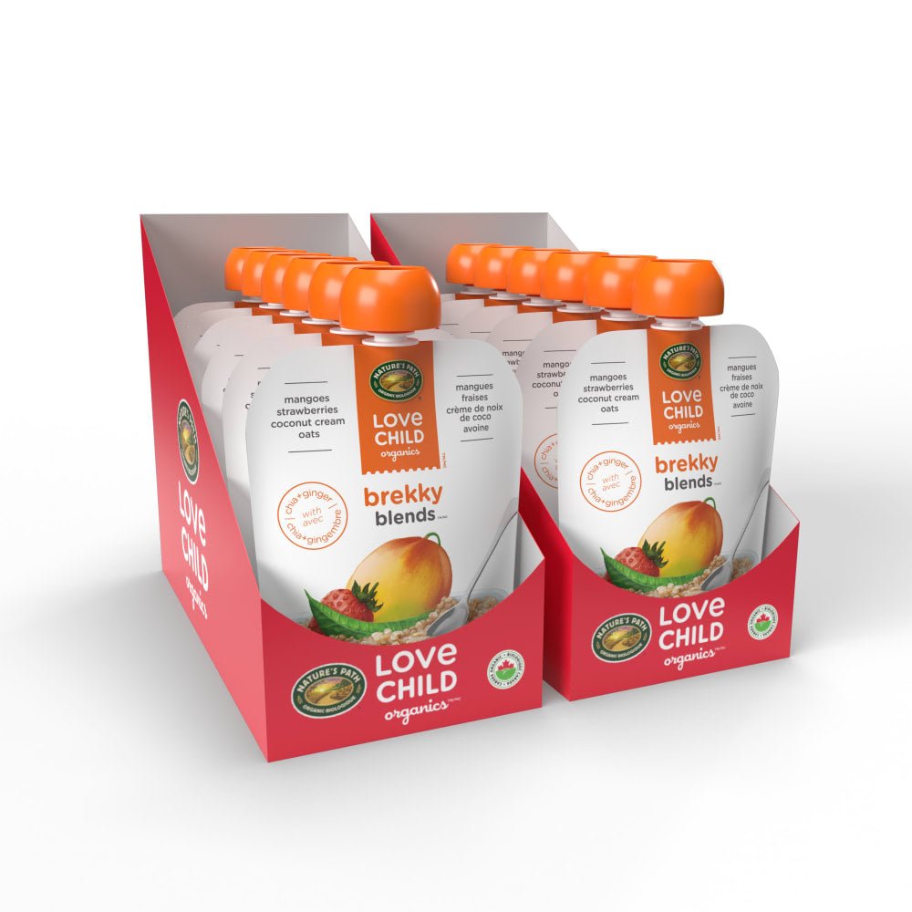 Pack of 12, Love Child Organics Brekky Blends Mangoes, Strawberries + Ginger Puree 128ml Pouch