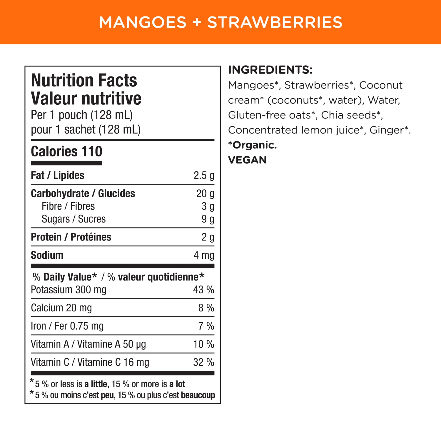 Nutrition facts per serving and ingredient statement for Brekky Blends Mangoes, Strawberries + Ginger Puree