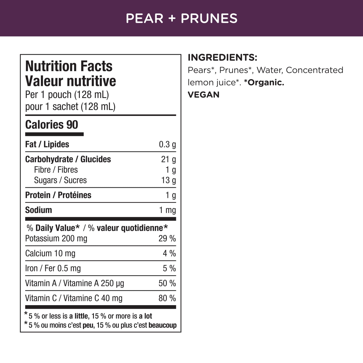 Nutrition facts per serving and ingredient statement for Simple Firsts Pear/Prunes Puree