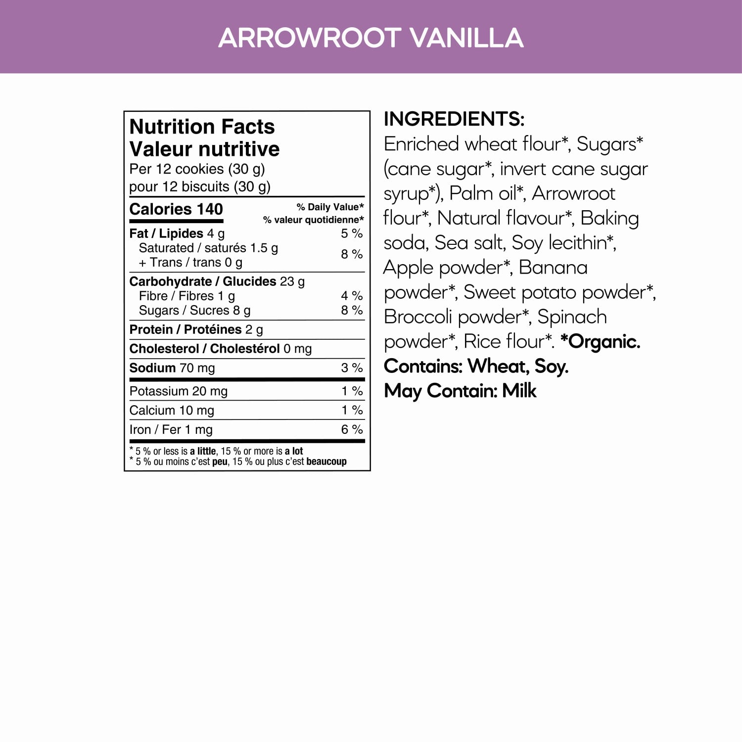 Nutrition facts per serving and ingredient statement for Sea Friends Arrowroot Vanilla Cookies