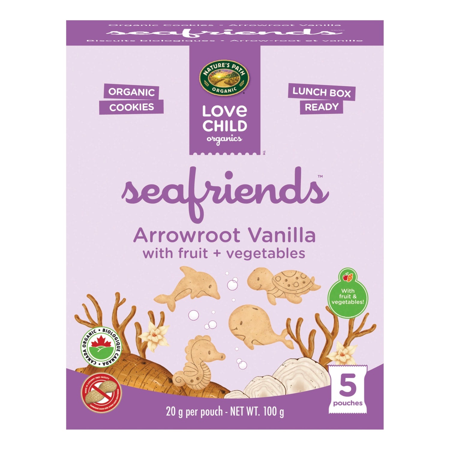 Love Child Organics Sea Friends Arrowroot Vanilla 5ct Snack Pack Cookies 100g Box