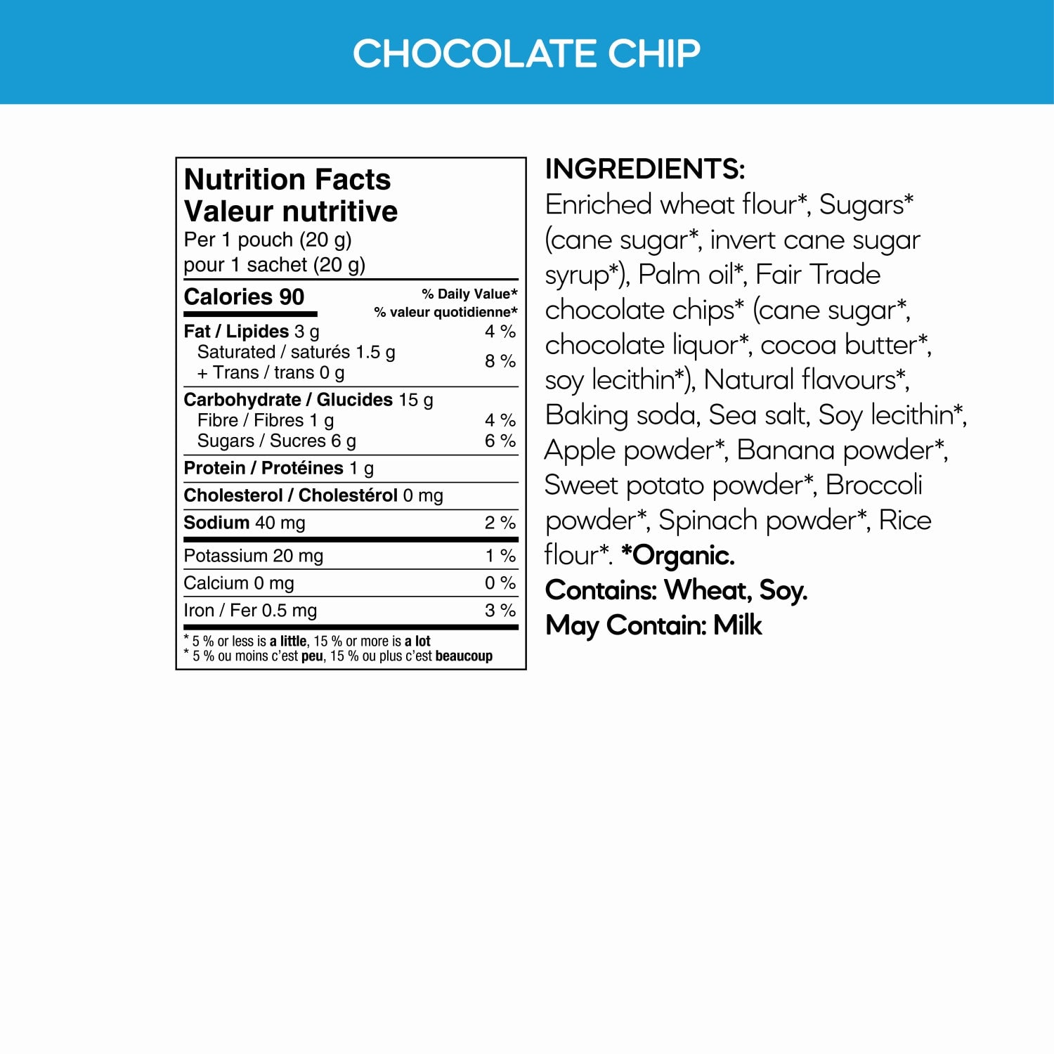 Nutrition facts per serving and ingredient statement for Sea Friends Chocolate Chip Cookies